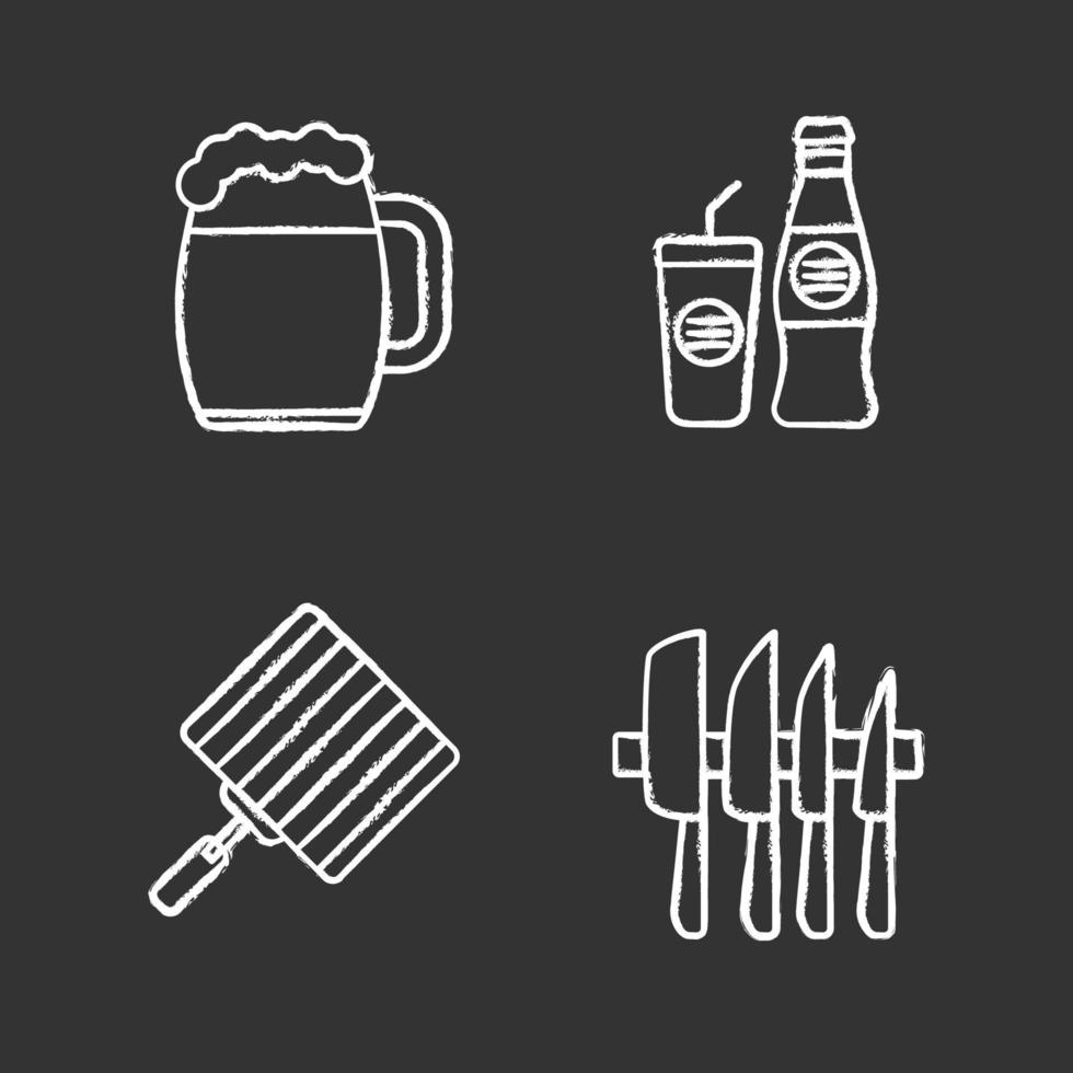 Grillkreide-Icons gesetzt. Grill. Bierkrug, Kaltgetränk, Handgrill, Messerset. isolierte tafel Vektorgrafiken vektor