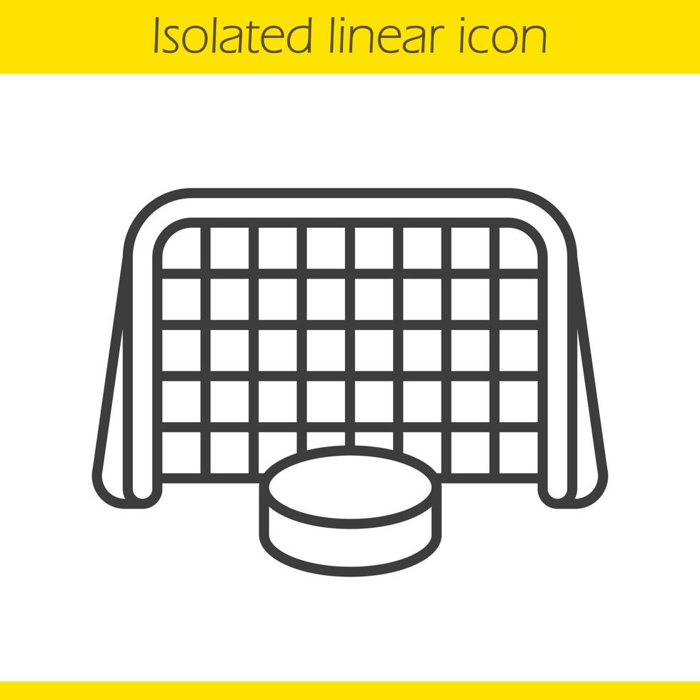 Eishockeytor und lineares Puck-Symbol. dünne Linie Abbildung. Hockeytor-Kontursymbol. Vektor isolierte Umrisszeichnung