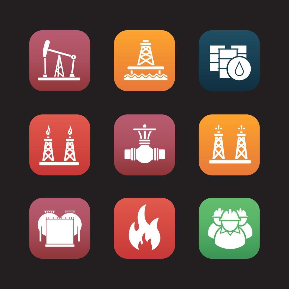 oljeindustrin platt design ikoner set. pumpjack, fat, rörventil, gas- och bränsleproduktionsplattformar, oljereservoar, brandfarligt skylt, industriarbetare. webbapplikationsgränssnitt. vektor illustrationer