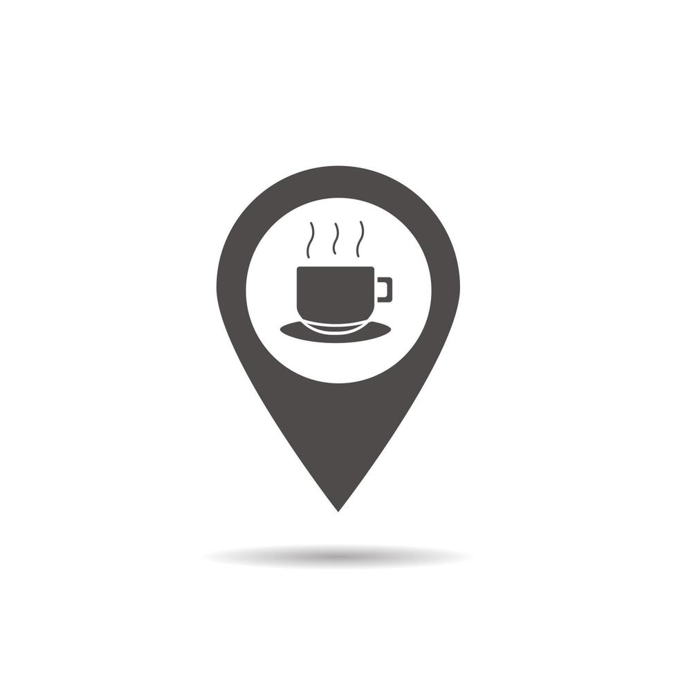Symbol für den Standort des Cafés. Schlagschatten Karte Zeiger Silhouette Symbol. Coffeeshop punktgenau. Abendessen in der Nähe. isolierte Vektorgrafik vektor