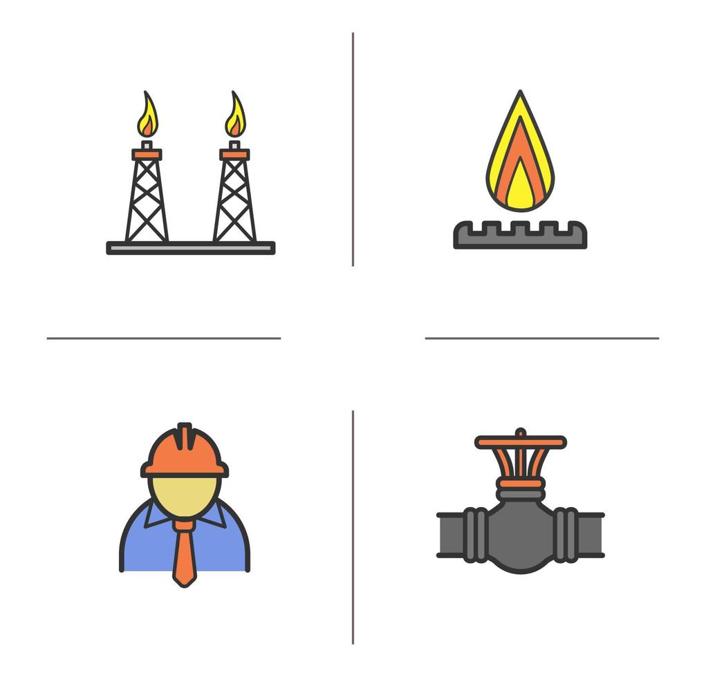 industriella komplexa färgikoner set. gasolkök, rörledningsventil, fabriksförman, gasplattform. isolerade vektorillustrationer vektor