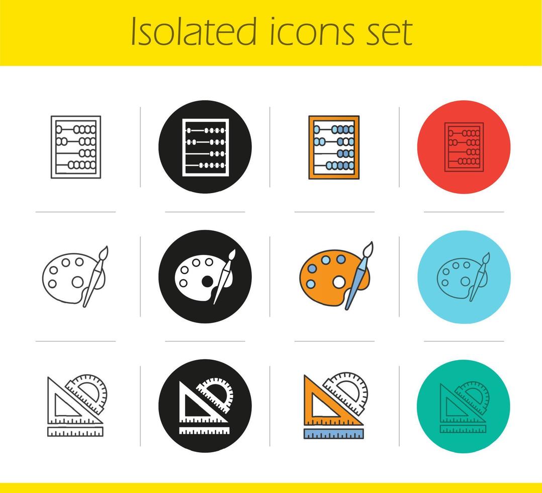 Bildung Symbole gesetzt. lineare, schwarze und farbige Stile. Mathematik, Kunst, Geometriesymbole. Schullineale, Abakus, Palette mit Pinsel. isolierte vektorillustrationen vektor