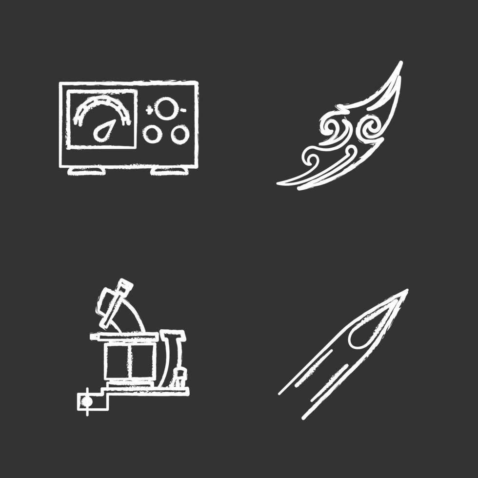 Tattoo Studio Kreide Icons Set. Piercing-Service. Netzteil, Tätowiermaschine, Skizze, Tintennadelspitze. isolierte tafel Vektorgrafiken vektor