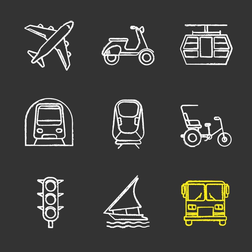 kollektivtrafik krita ikoner set. transportmedel. flygplan, skoter, bergbana, tunnelbana, transrapid, cykelrickshaw, trafikljus, segelbåt, buss. isolerade svarta tavlan vektorillustrationer vektor