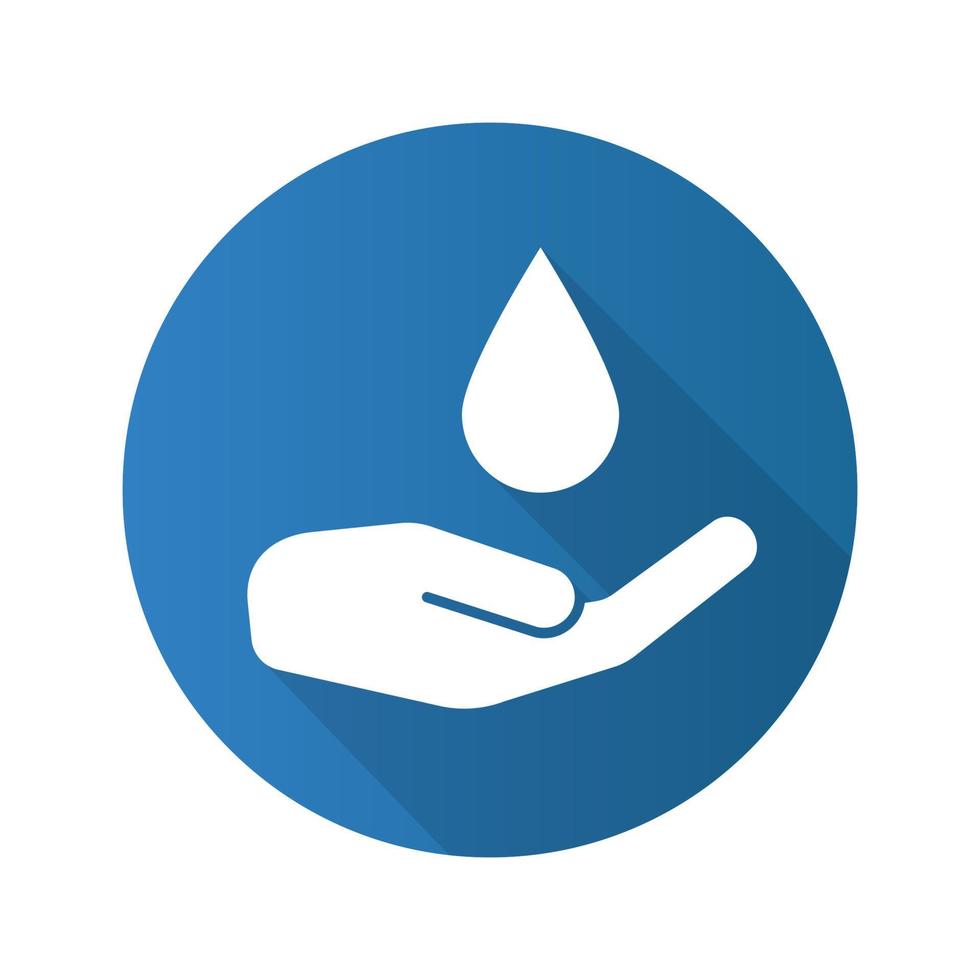 tvätta händerna platt design lång skugga ikon. mänsklig handflata med fallande vattendroppe. vektor siluett symbol