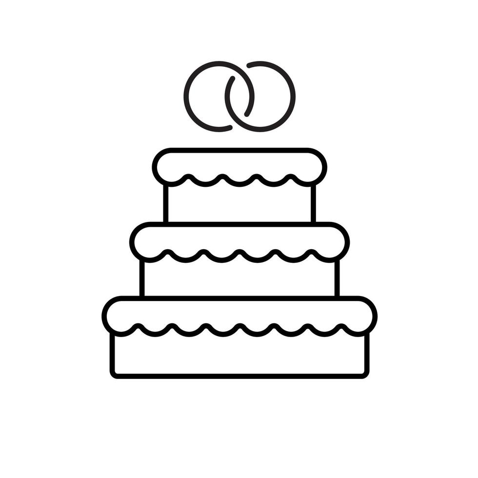 lineares Symbol für Hochzeitstorte. dünne Linie Abbildung. Verlobungskuchen mit ineinandergreifenden Ringen oben. Kontursymbol. Vektor isolierte Umrisszeichnung