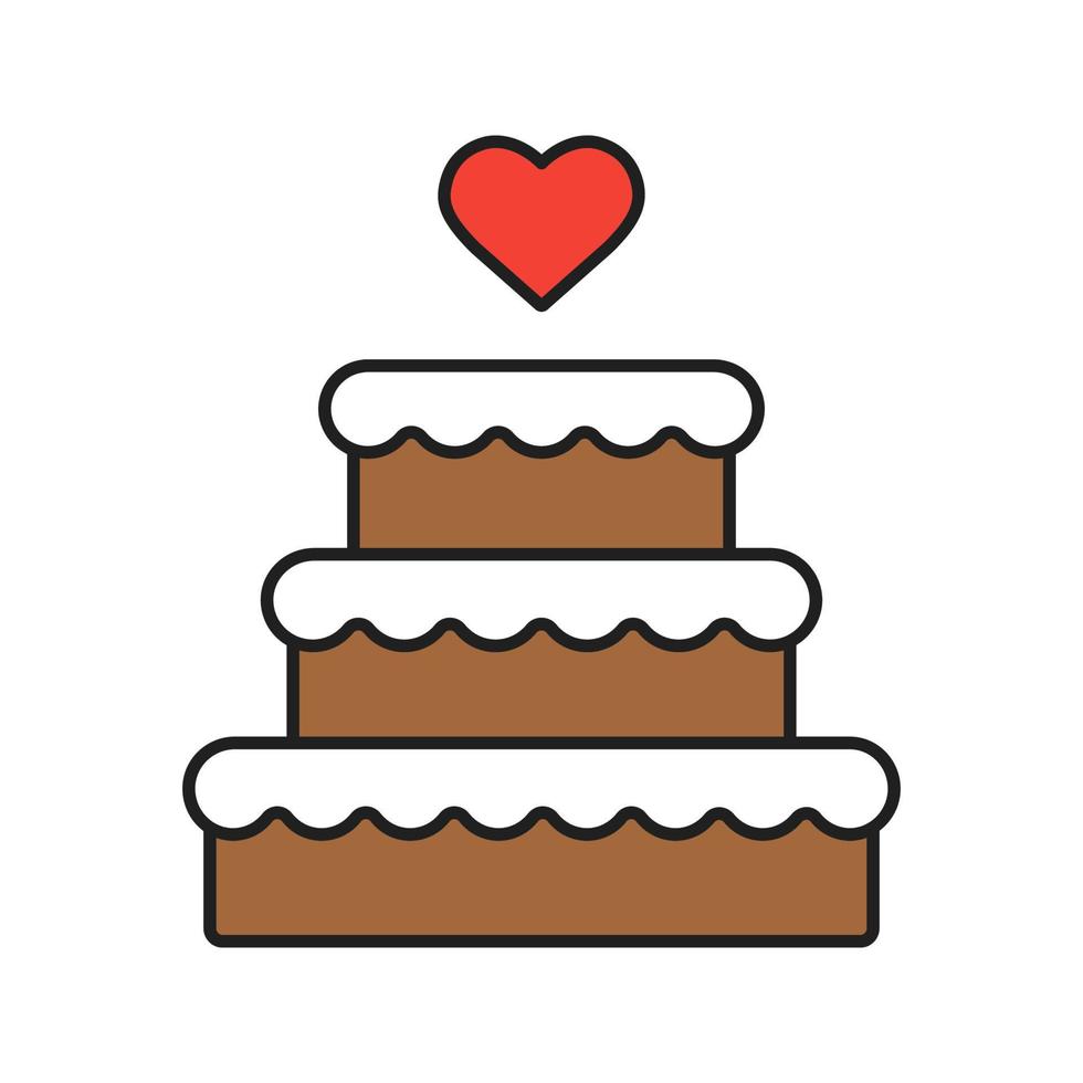 bröllopstårta färgikon. chokladkaka med hjärtform ovan. isolerade vektorillustrationer vektor