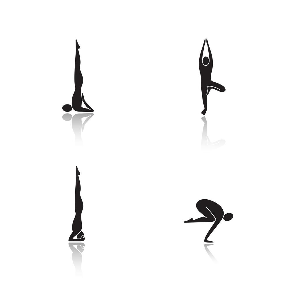 yogaställningar skugga svarta ikoner set. sarvangasana, vrikshasana, salamba sirsasana, bakasana yogaställningar. isolerade vektorillustrationer vektor