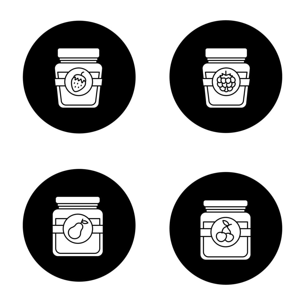 Obst bewahrt Glyphensymbole gesetzt. Birnen-, Kirsch-, Himbeer- und Erdbeermarmeladegläser. Vektorgrafiken von weißen Silhouetten in schwarzen Kreisen vektor