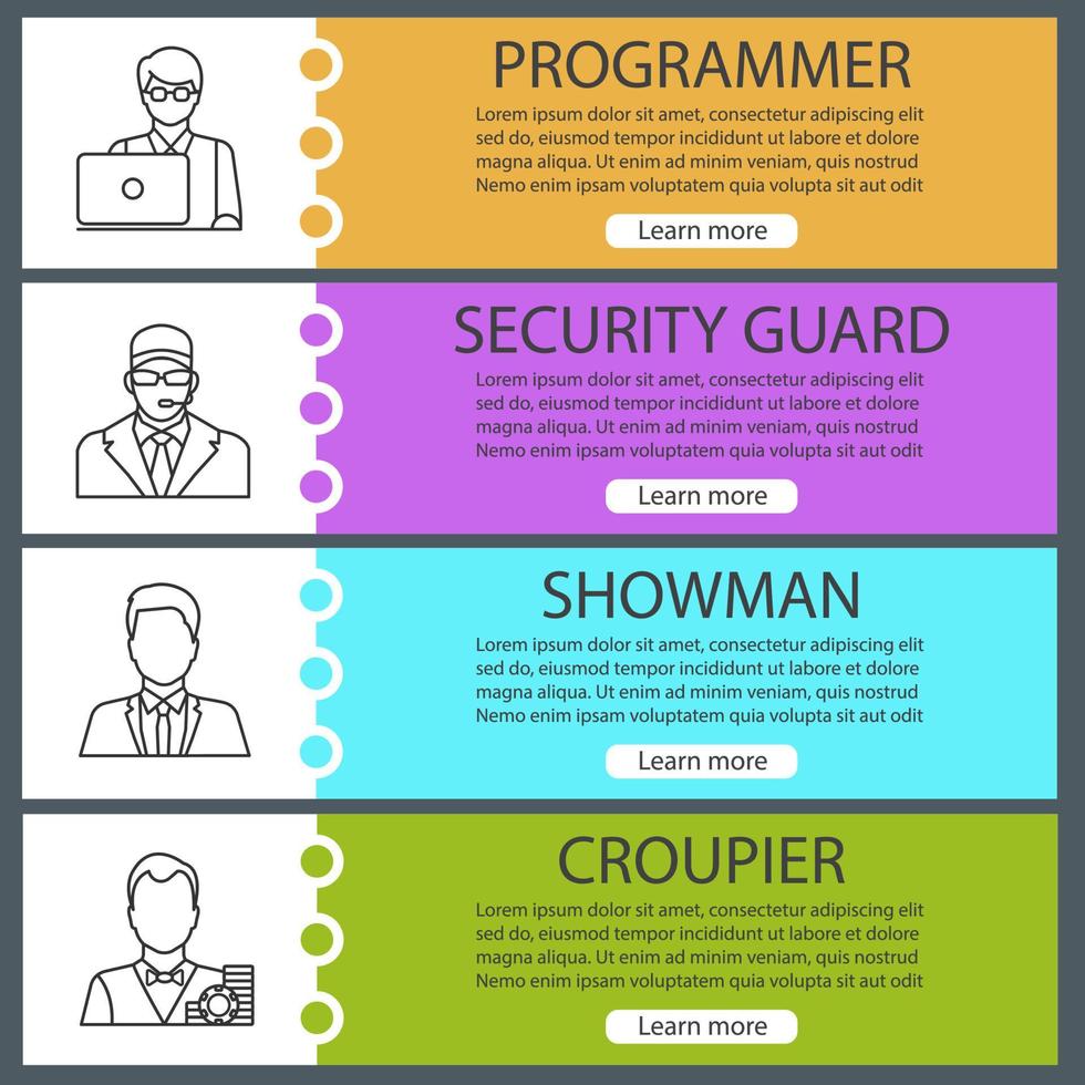 Berufe Web-Banner-Vorlagen eingestellt. Programmierer, Wachmann, Schausteller, Croupier. Website-Farbmenüelemente mit linearen Symbolen. Designkonzepte für Vektorheader vektor