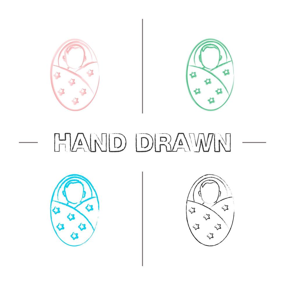 swaddled baby hand dras ikoner set. nyfött barn. färg penseldrag. isolerade vektor skissartade illustrationer