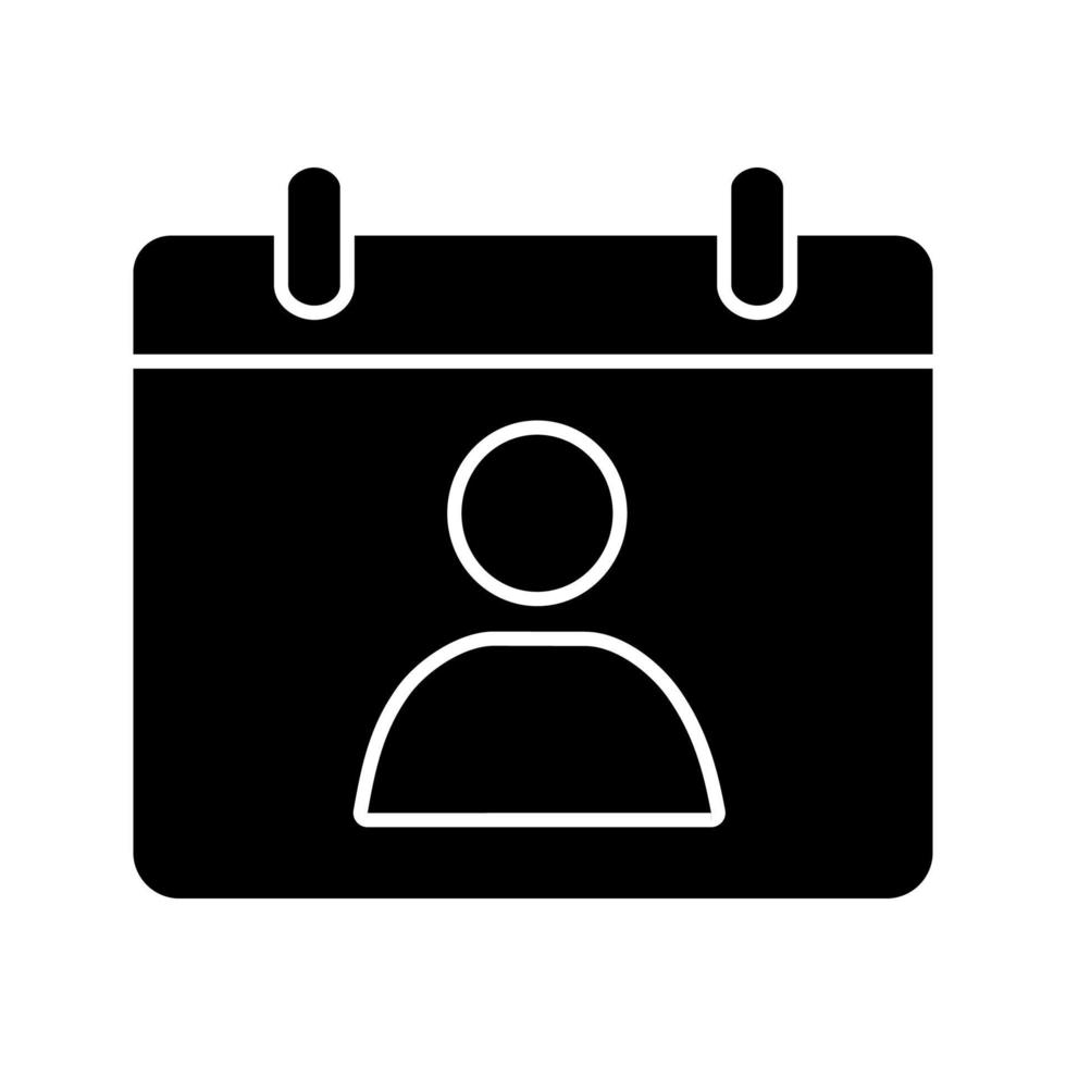 kontakt kalender glyfikon. schemaläggning av möten. möte. speciellt datum. födelsedagskalender. arrangör. siluett symbol. negativt utrymme. vektor isolerade illustration