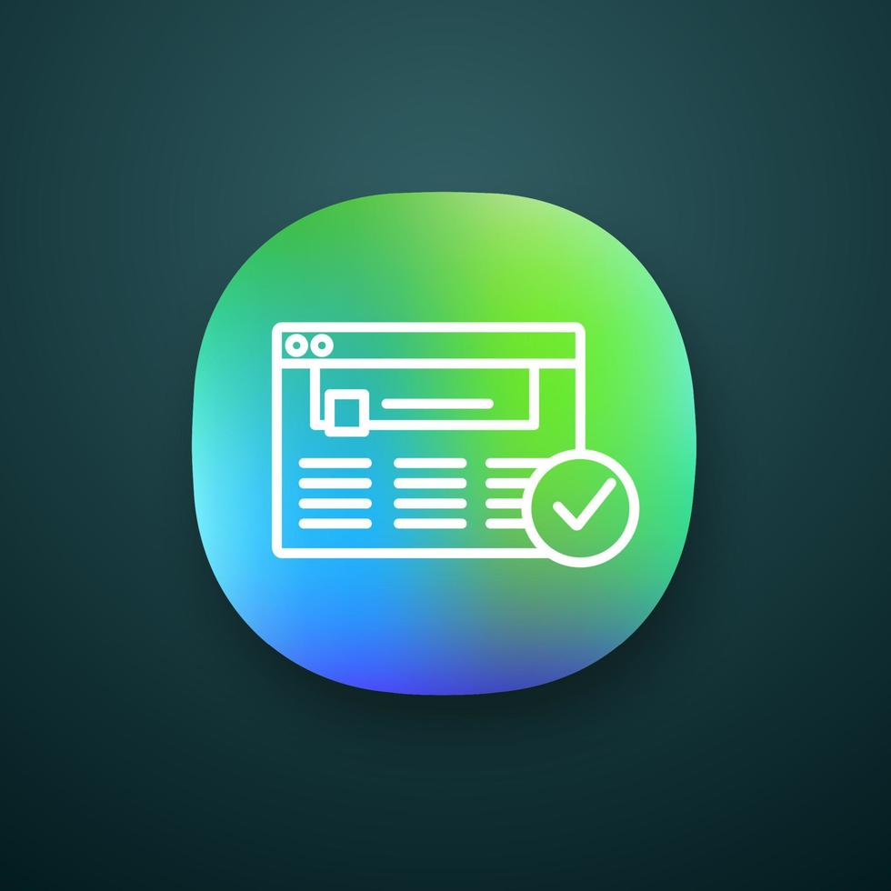 ikon för godkänd webbplatsapp. webbsida. lyckad inloggning. ui ux användargränssnitt. webb- eller mobilapplikation. tillstånd. webbplats med bock. verifiering av webbläsare. vektor isolerade illustration