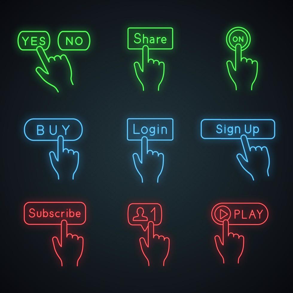 Klicken Sie auf die Schaltflächen Neonlichtsymbole. ja oder nein, teilen, einschalten, kaufen, einloggen, anmelden, abonnieren, neuer Freund, spielen. leuchtende Zeichen. isolierte Vektorgrafiken vektor