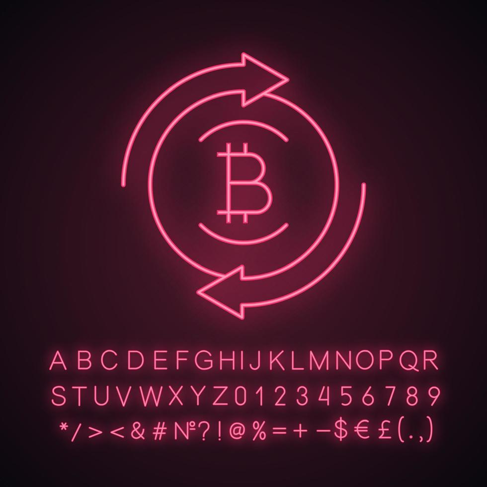 bitcoin utbyte neonljus ikon. digital valutatransaktion. glödande tecken med alfabet, siffror och symboler. cirkelpilar med bitcoinmynt. återbetala kryptovaluta. vektor isolerade illustration