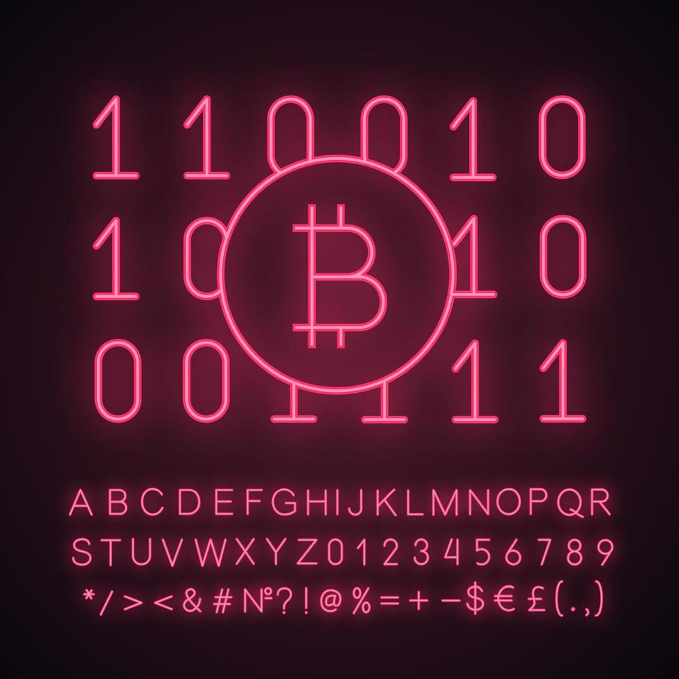 Binärcode-Neonlicht-Symbol. Kryptowährungs-Mining. digitales Geld. rechnen. Bitcoin auf Binärcode. leuchtendes Schild mit Alphabet, Zahlen und Symbolen. isolierte Vektorgrafik vektor