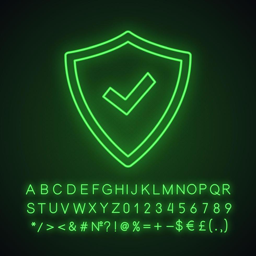 sicherheitsgeprüftes Neonlichtsymbol. Verteidigung, Schutz. Versicherung. Antivirus Programm. leuchtendes Schild mit Alphabet, Zahlen. erfolgreich getestet. Schild mit Häkchen. isolierte Vektorgrafik vektor