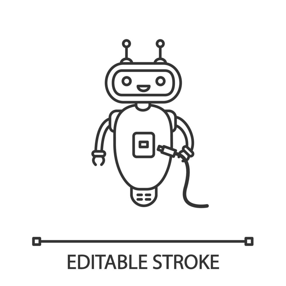 Chatbot mit linearem USB-Kabelsymbol. dünne Linie Abbildung. Talkbot mit USB-Slot-Steckern zum Kabel. moderner Roboter. Online-Helfer. Kontursymbol. Vektor isolierte Umrisszeichnung. bearbeitbarer Strich