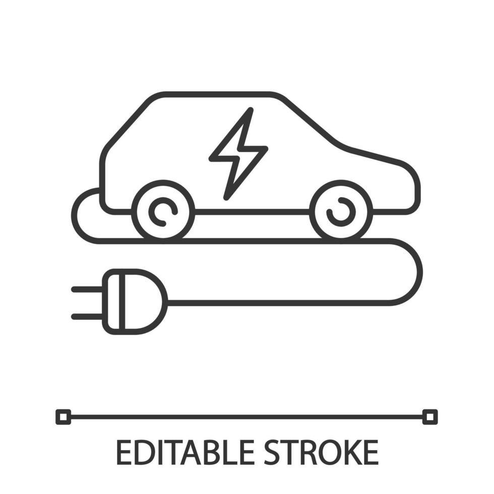 Lineares Symbol für Elektroautos. umweltfreundliches auto. dünne Linie Abbildung. grünes Fahrzeug. Auto mit elektrischem Stecker. Kontursymbol. Vektor isolierte Umrisszeichnung. bearbeitbarer Strich