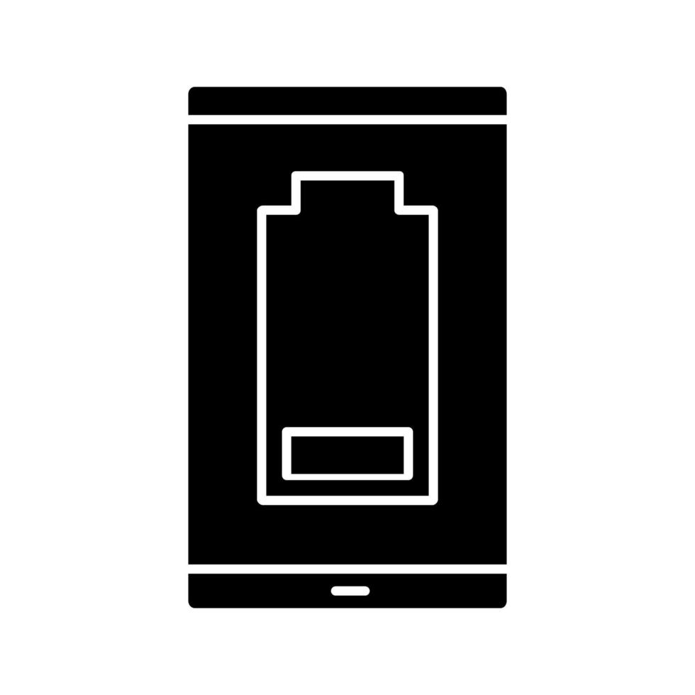 Glyphensymbol für den niedrigen Batteriestand des Smartphones. Handy entladen. Batteriestandsanzeige. Silhouette-Symbol. negativen Raum. isolierte Vektorgrafik vektor