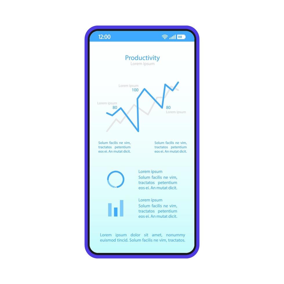 smartphone instrumentpanel gränssnitt vektor mall. mobil produktivitet sida blå design layout. statistikskärm. platt applikation ui. app för dataanalys. telefondisplay med analysdiagram