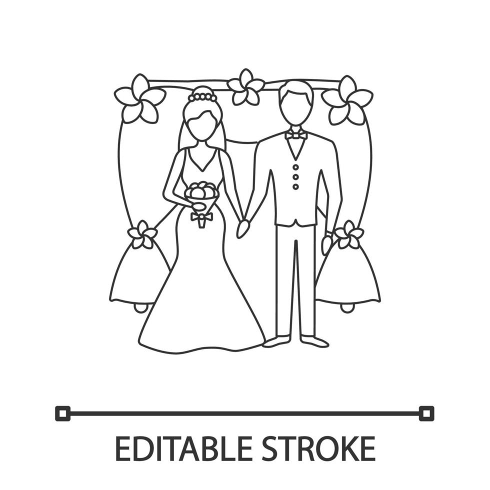 Lineares Symbol für Braut und Bräutigam. Hochzeitsbogen photozone.dünne Linie Abbildung. frisch verheiratet. gerade verheiratetes Paar. Verlobter Verlobte. Hochzeitsagentur. Konturvektor isolierte Zeichnung. bearbeitbarer Strich vektor