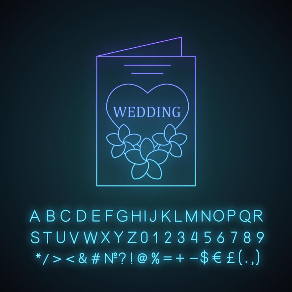 Hochzeitseinladungskarte Neonlicht-Symbol. Hochzeitsgrußkarte mit Blumen. leuchtendes Schild mit Alphabet, Zahlen und Symbolen. isolierte Vektorgrafik vektor