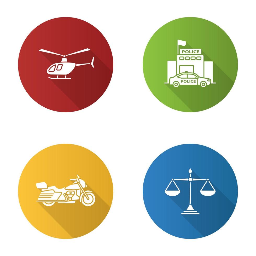 polisen platt design lång skugga glyph ikoner set. helikopter, motorcykel, rättvisa vågar, polisstation. vektor siluett illustration