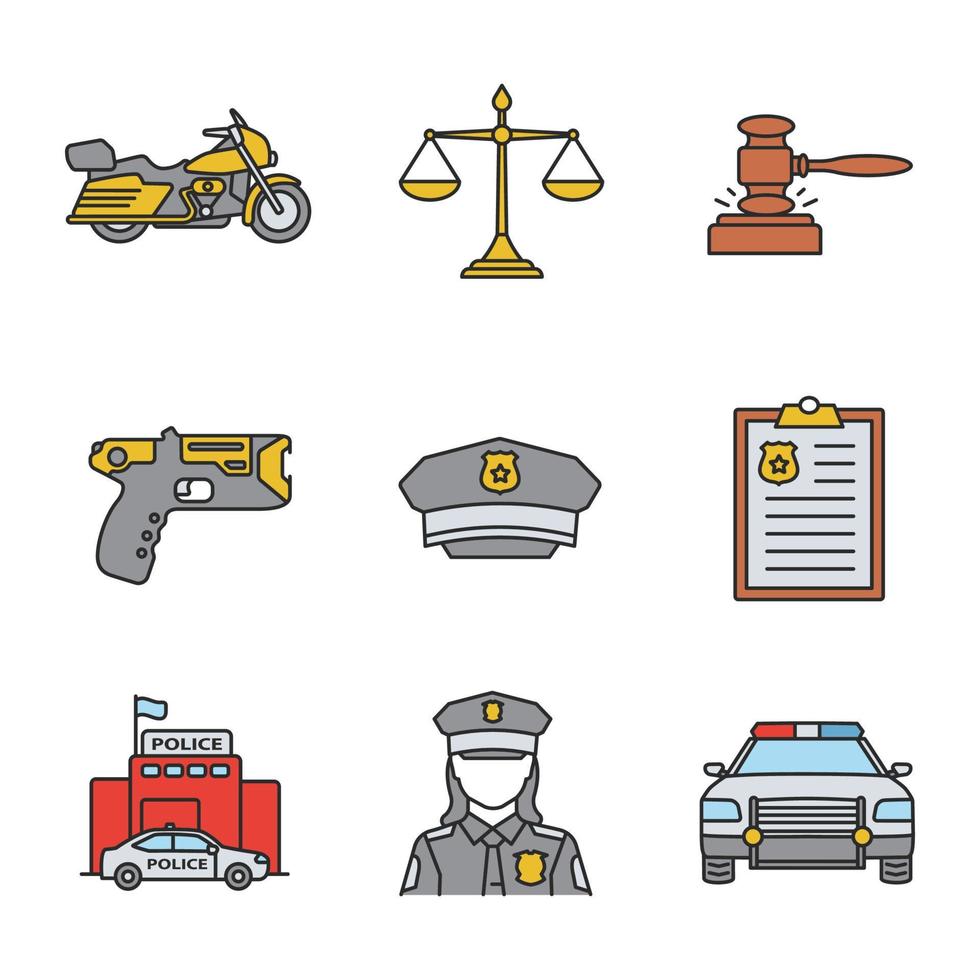 Polizei Farbsymbole gesetzt. Motorrad, Justizwaage, Hammer, Taser, Hut, Bericht, Polizeistation, Polizistin, Auto. isolierte vektorillustrationen vektor