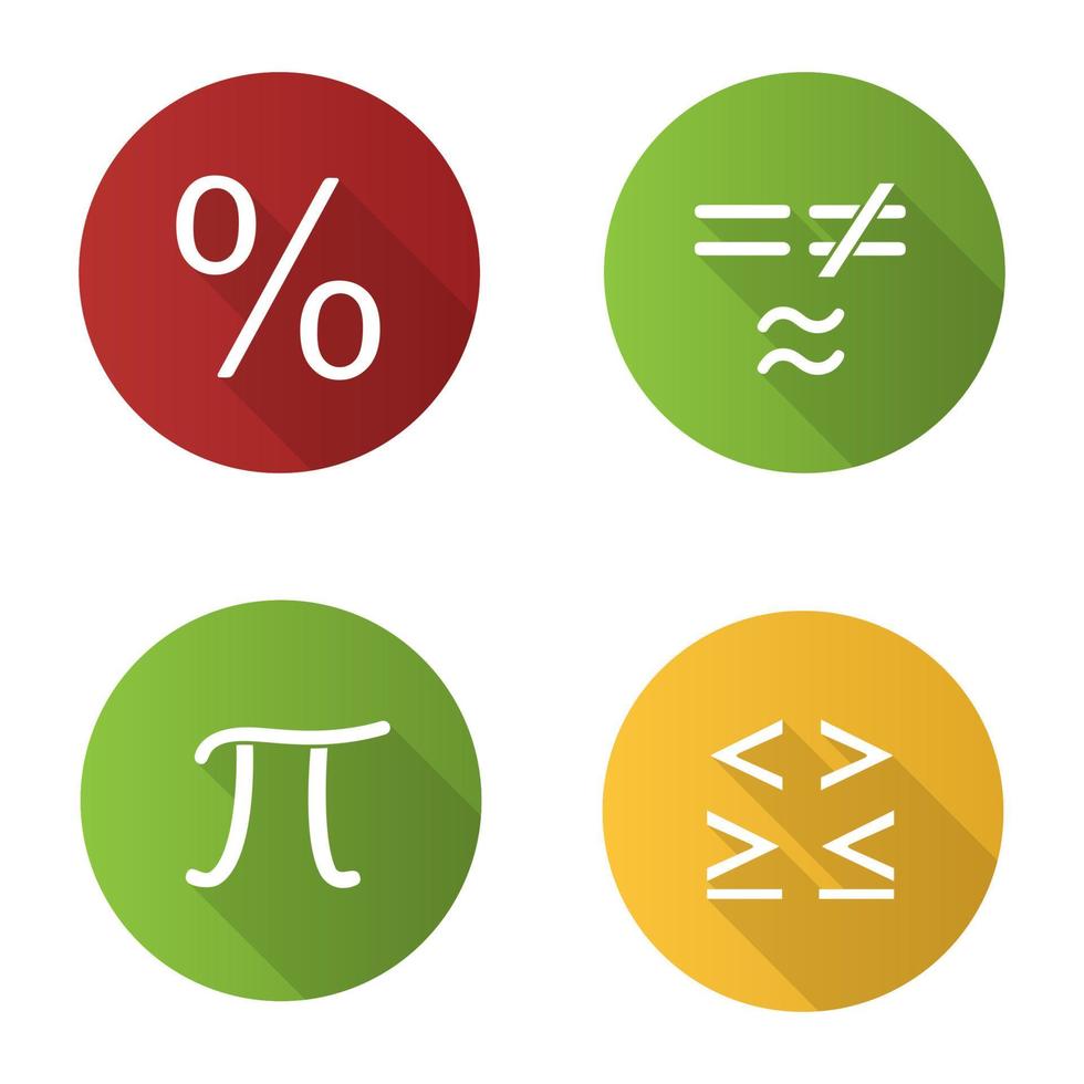 Mathematik flaches Design lange Schatten Glyphe Icons Set. Pi-, Prozent-, Gleichheits- und Ungleichheitszeichen. Vektor-Silhouette-Abbildung vektor