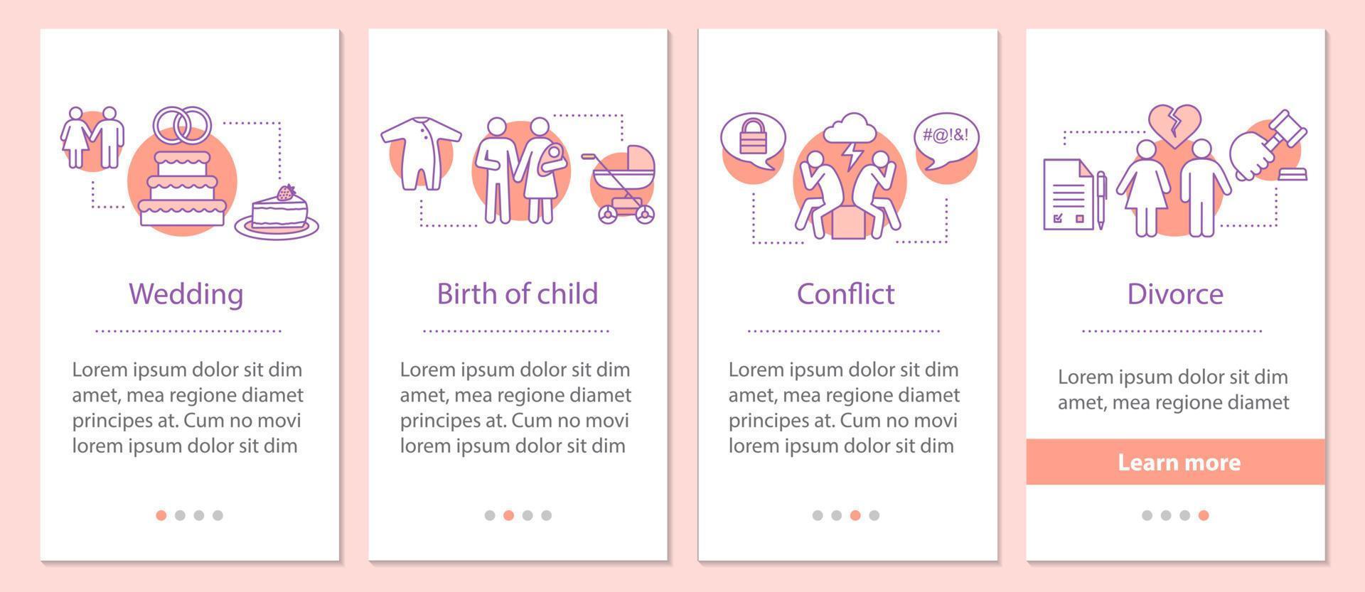 Gebrochener Familien-Onboarding-Seitenbildschirm für mobile Apps mit linearen Konzepten. Hochzeit, Geburt des Kindes, Konflikt, Scheidungsschritte grafische Anleitung. ux, ui, gui-Vektorvorlage mit Illustrationen vektor