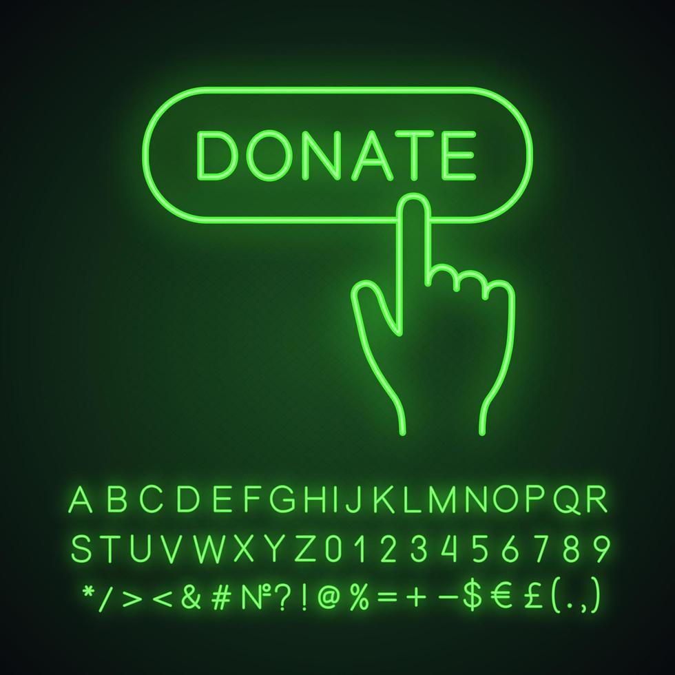donera knapp klicka på neonljusikonen. glödande tecken. donation. vektor isolerade illustration