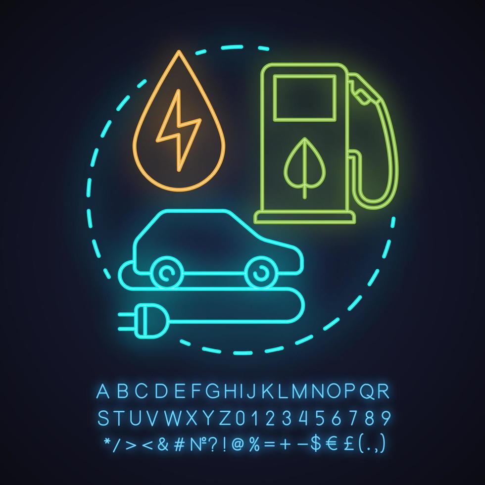 Symbol für umweltfreundliches Transport-Neonlicht-Konzept. grüne Fahrzeugidee. Elektroauto und Biokraftstoff. leuchtendes Schild mit Alphabet, Zahlen und Symbolen. isolierte Vektorgrafik vektor