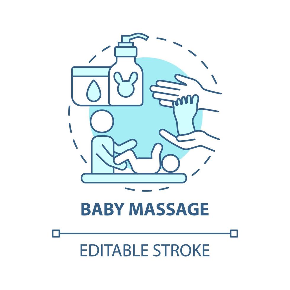 Babymassage blaues Konzept-Symbol. Reiben des Säuglingskörpers abstrakte Idee dünne Linie Illustration. Bindung zwischen Mutter und Kind. massieren, um das Baby zu beruhigen. Vektor isolierte Umriss-Farbzeichnung. bearbeitbarer Strich