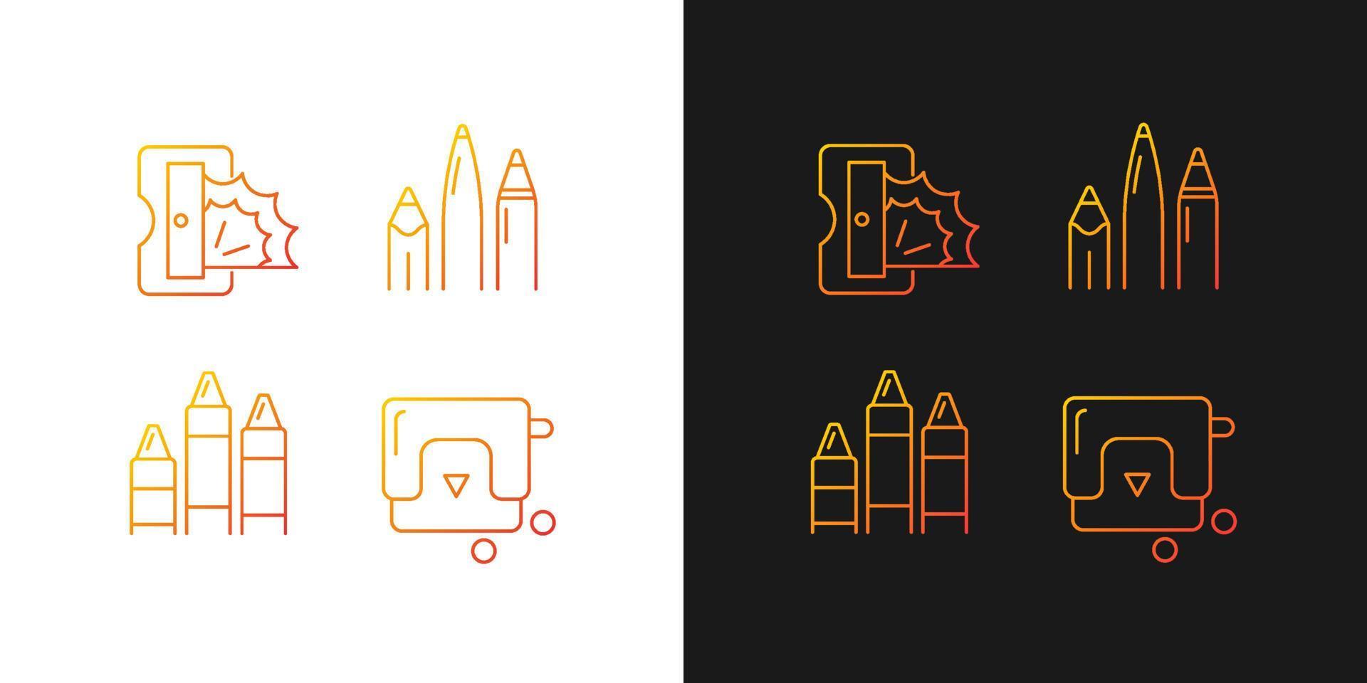 Maler Essentials Farbverlaufssymbole für den dunklen und hellen Modus. Kugelschreiber und Bleistifte. Prismenschärfer. dünne Linie Kontursymbole bündeln. isolierte Vektor-Umriss-Illustrationen-Sammlung auf Schwarz und Weiß vektor