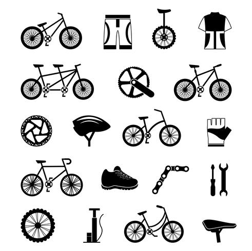 Cykel tillbehör svart ikoner set vektor