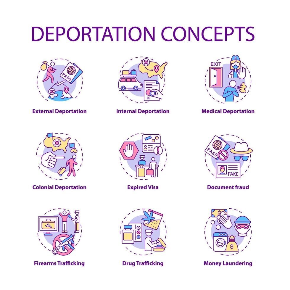 Abschiebungskonzept Icons Set. Gründe für die offizielle Entfernung aus dem Land. abgelaufenes Visum. einwanderungsidee dünne linie farbillustrationen. Vektor isolierte Umrisszeichnungen. bearbeitbarer Strich