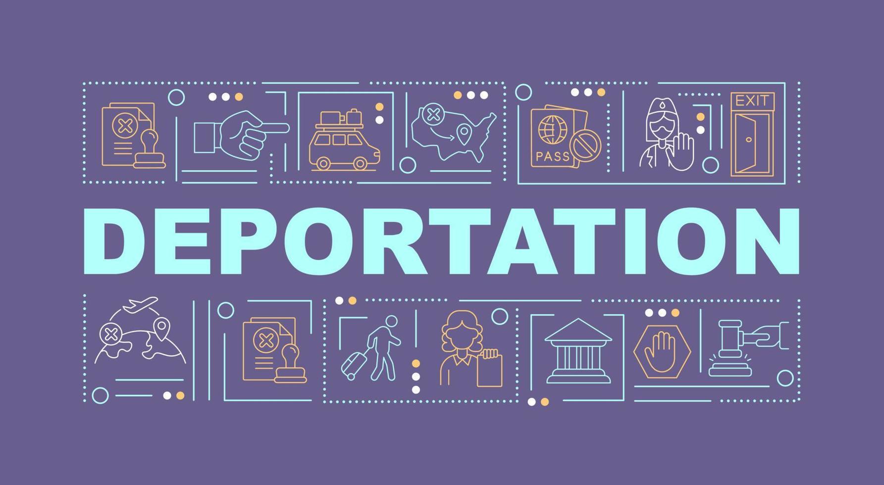 deportation violett ord begrepp banner. officiellt avlägsnande från landet. infographics med linjära ikoner på lila bakgrund. isolerad kreativ typografi. vektor kontur färg illustration med text