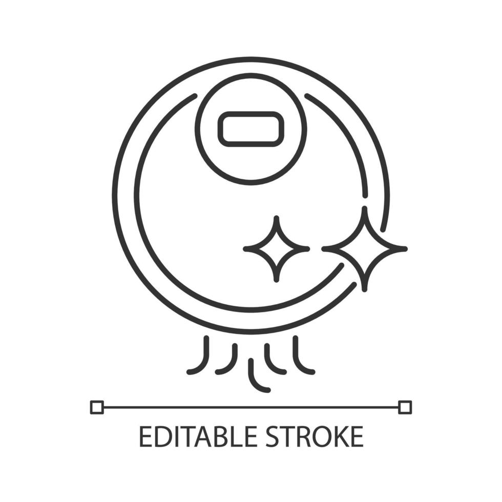 Lineares Symbol für Reinigungsroboter. automatisches Vakuumiergerät. Roboter-Staubsauger. drahtlose Ausrüstung. dünne Linie anpassbare Illustration. Kontursymbol. Vektor isolierte Umrisszeichnung. bearbeitbarer Strich