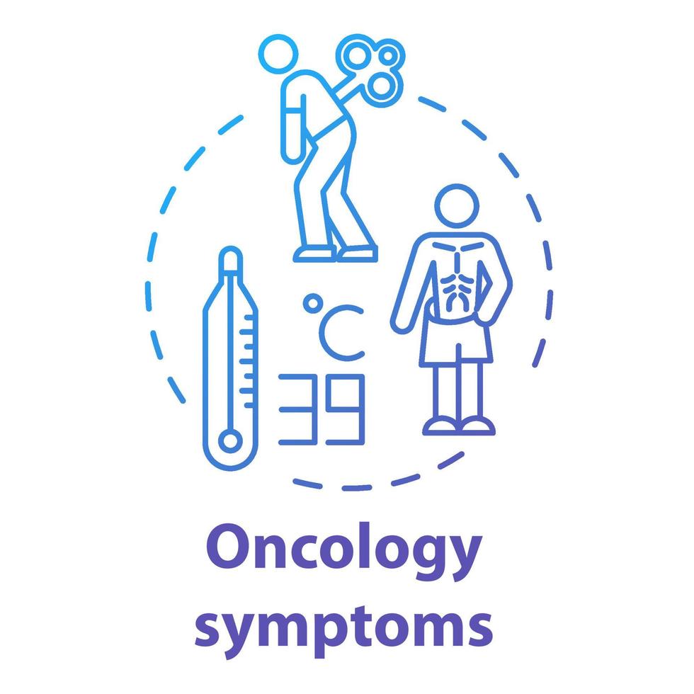 Symbol für das Konzept der Onkologie-Symptome. Krebs-Syndrom. Fieber, Müdigkeit, Gewichtsverlust. menschliche Krankheit. Gesundheitswesen Idee dünne Linie Abbildung. Vektor isoliert Umriss RGB-Farbzeichnung