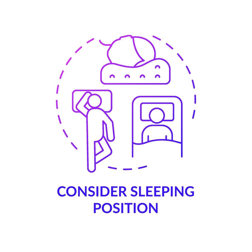 överväga sovställning lila gradient koncept ikon. välja madrass abstrakt idé tunn linje illustration. sovande poserar. ryggradens hälsa. bekväm säng. vektor isolerade kontur färgritning