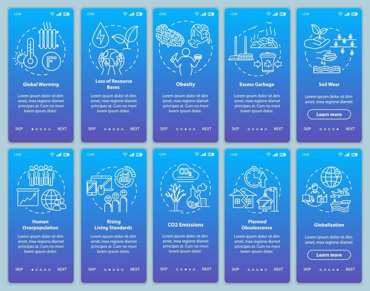 överförbrukning ombord mobilappsskärm med koncept. miljöförstöring. konsumentism genomgång 5 steg grafiska instruktioner. ui vektormall med rgb färgillustrationer vektor