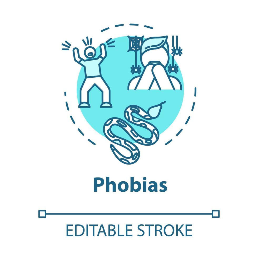 Phobien-Konzept-Symbol. irrationale Angstreaktion. Arachnophobie, Herpetophobie. Psychische Störung. Psychiatrie Idee dünne Linie Abbildung. Vektor isoliert Umriss RGB-Farbzeichnung. bearbeitbarer Strich