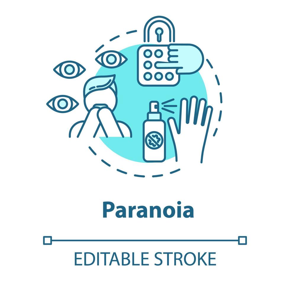 paranoia koncept ikon. irrationell misstanke. förföljelsekomplex. personlighetsstörning. psykisk sjukdom idé tunn linje illustration. vektor isolerade kontur rgb färg ritning. redigerbar linje