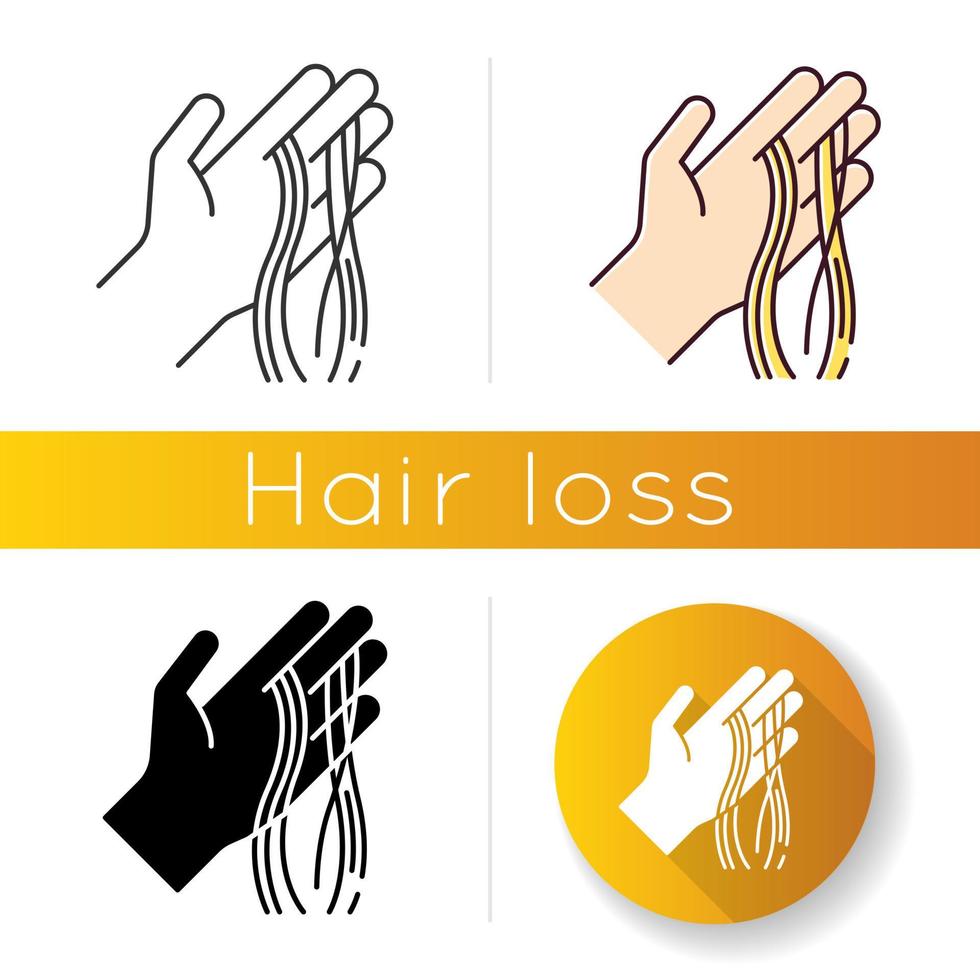 Haarsträhnen auf Handsymbol. Alopezie und Haarausfall. Dermatologie und Schönheitsproblematik. Stress- und Angstsymptom. Ausdünnung und Haarausfall. lineare Schwarz- und RGB-Farbstile. isolierte vektorillustrationen vektor