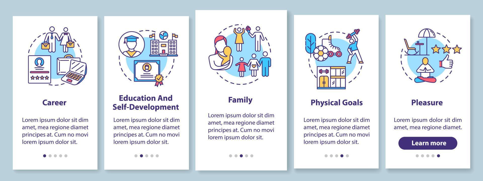 självförverkligande onboarding mobil app sidskärm med koncept. arbets- och vilobalans. förbättringsmål genomgång 5 steg grafiska instruktioner. ui vektormall med rgb-färgillustrationer vektor