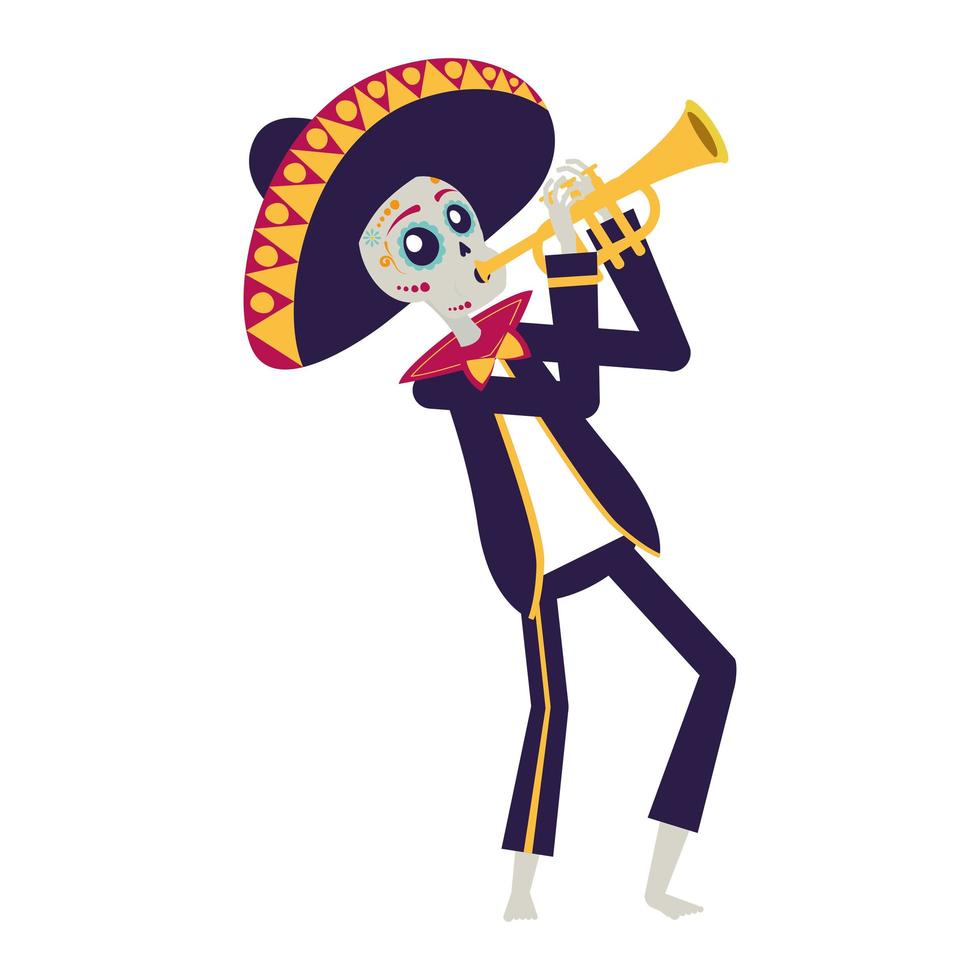 Mariachi-Schädel, der Trompete-Comic-Figur spielt vektor