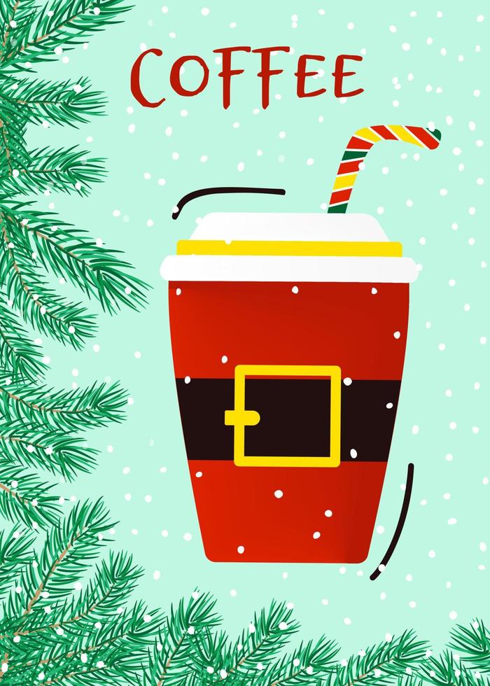 Kaffeetasse aus Papier mit dem Gürtel des Weihnachtsmanns. Werbebanner für Feiertage. Vektor-Illustration isoliert. vektor