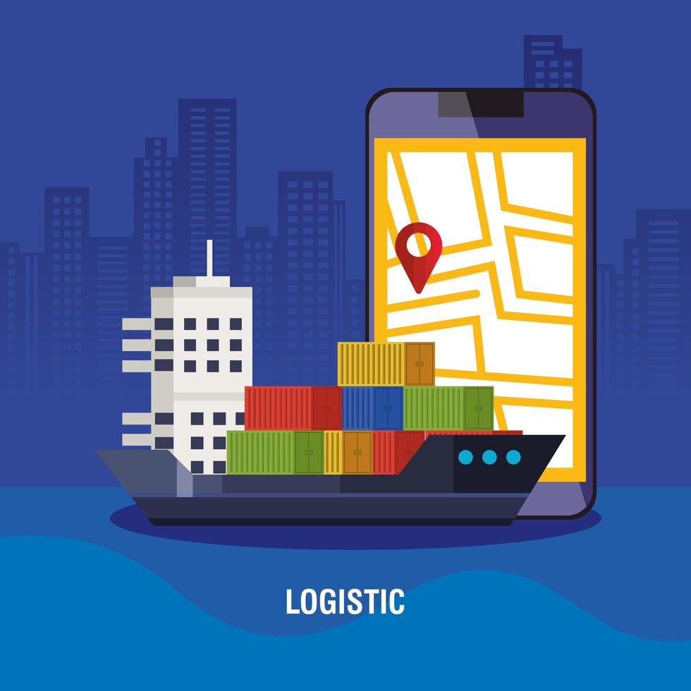 smartphone med kartplaceringsapp och lastfartyg vektor