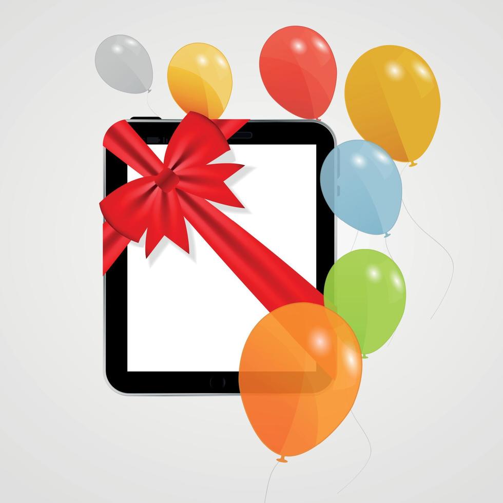 digitale Tablet-Geschenk-Vektor-Illustration mit Ballons. vektor